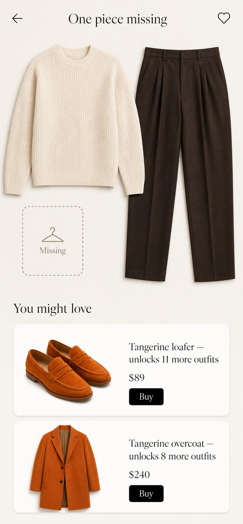 REMEMBR missing piece recommendation: a retailer product shown inside a complete styled outfit with the brand name and a link to the retailer product page