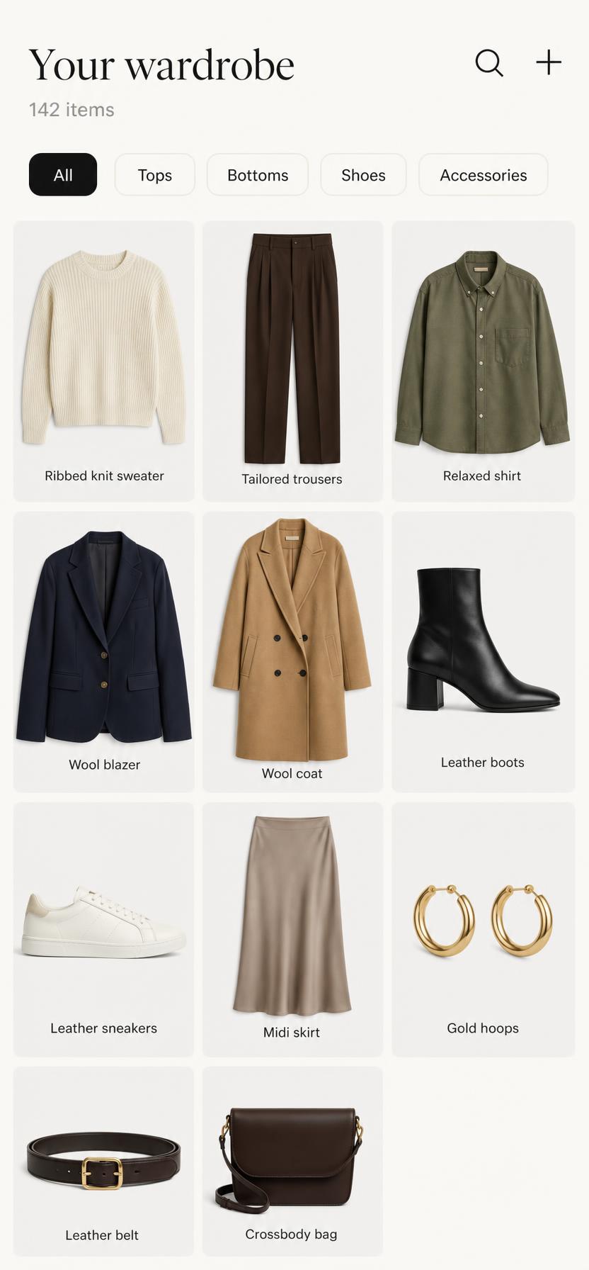 REMEMBR digital wardrobe screen showing photographed clothing items